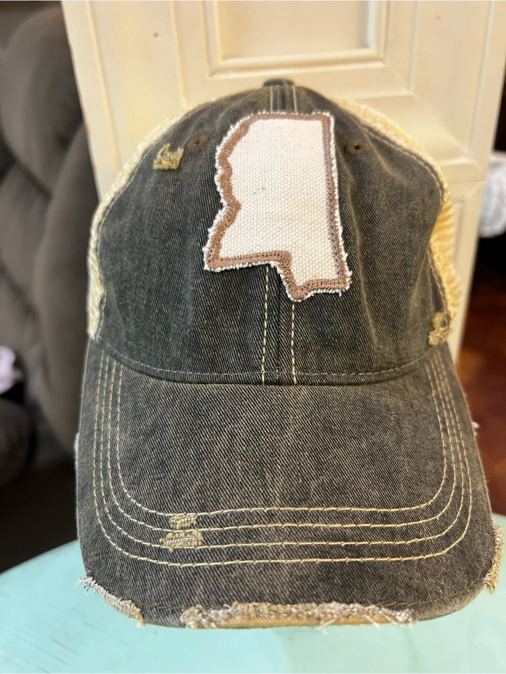 Distressed Black Mississippi Patch Baseball Cap by